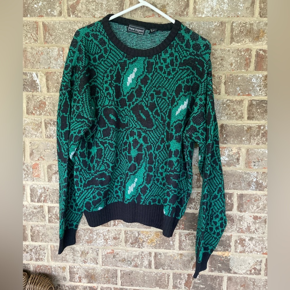 Peter England Vintage Green Black White Paisley Sweater Size XL